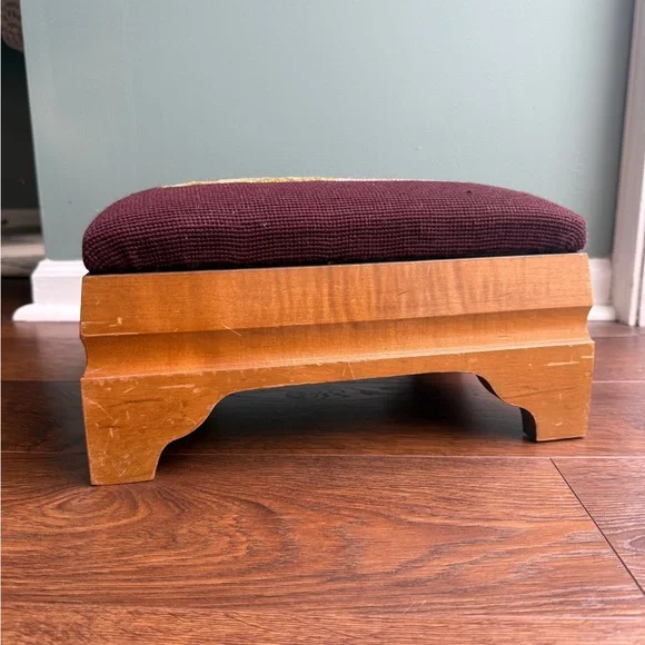 Elegant Brown and Burgundy Needlepoint Footstool - Picture 5 of 6